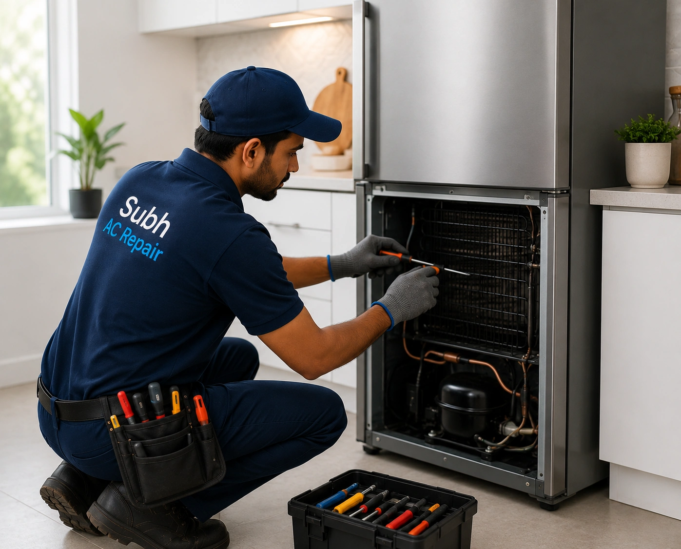 Refrigerator repair technician at work