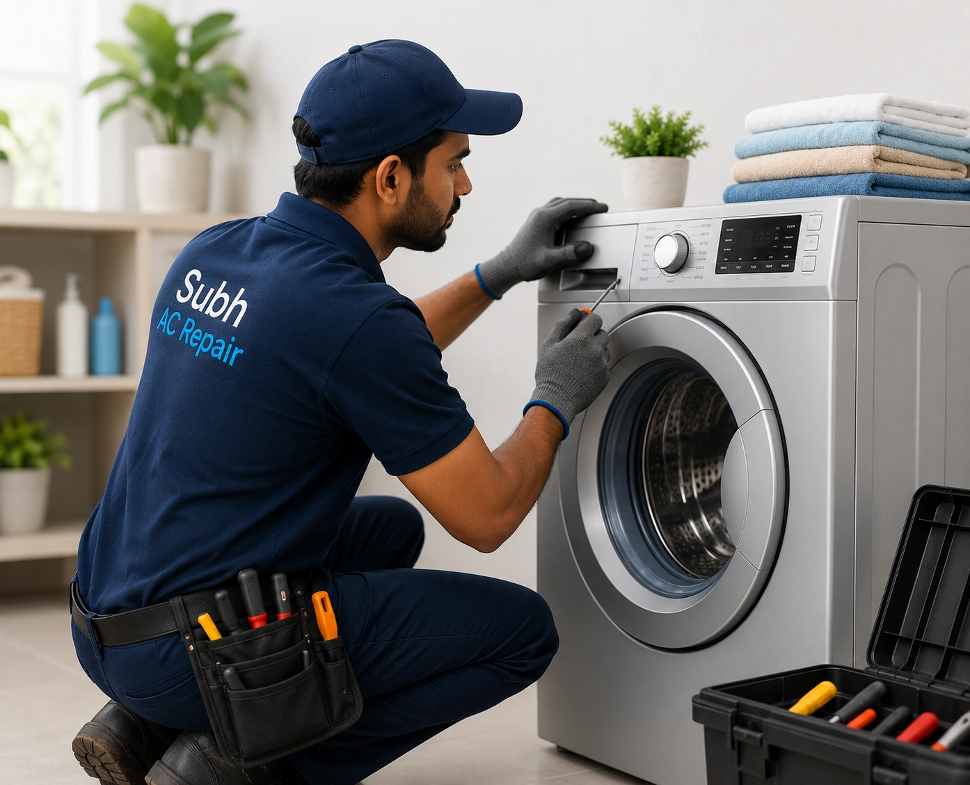 Washing machine repair technician at work